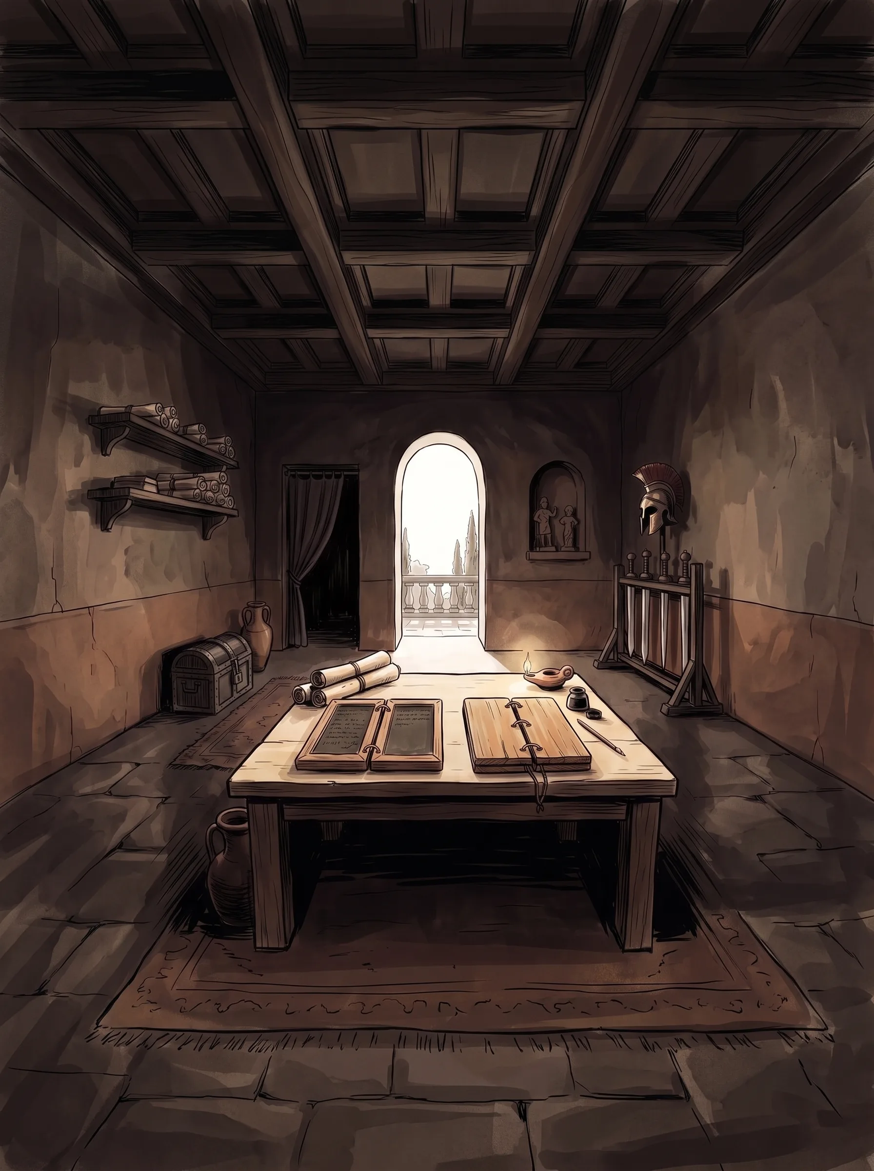 The lanista’s office: a desk, a ledger, a lamp, and the door to the yard